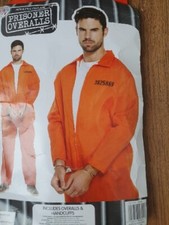 ADULT ORANGE PRISONER OVERALL Fancy Dress Costume With Handcuffs- XL