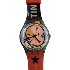 SWATCH◆Quartz watch/Analog/Rubber/ORN/BLK/TINTIN