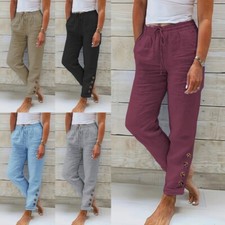 Ladies Pants Wide Leg Trousers Women Lounge Baggy Cotton Linen Long Casual Loose