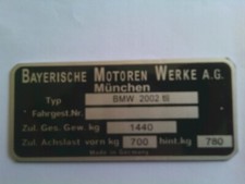 Type Plate BMW 2002tii 1440 KG