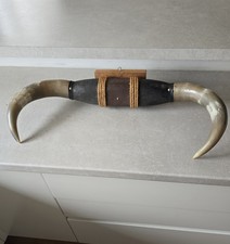 Vintage Mounted Steer Bull Horns on Wooden Plaque with Leather Detail.