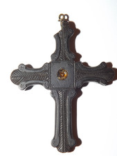 19th Century Carved Whitby Jet Gothic Cross with inset Crystal