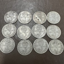 12 Pre 1920 Silver Three Pence Coins 1902 - 1920 .95 Silver George V