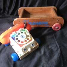 Vintage Playskool Wagon Colorol Wooden Pull Along & Fisher Price Dial Telephone