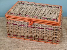 Vintage Wicker Storage Sewing Basket Box Orange Trim 1950's/60's with Contents