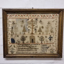 Antique George IV Needlework Sampler By Martha Cheshire Dated 1825 Adam & Eve