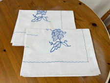 Vintage PAIR  White Cotton Pillowcases with Blue Embroidery