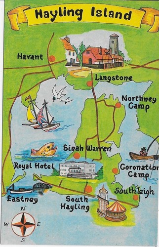 Hayling island map postcard - island,