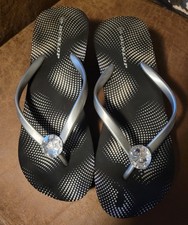 Dunlop Wedge Black Flip Flops with Silver and Button Detail Size 4
