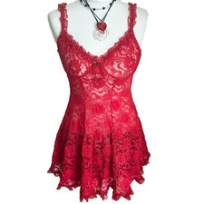 Private Luxuries Y2K Red Lace Babydoll Slip Dress Size Medium Rose Detail