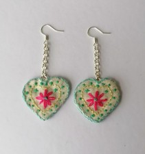 Boho Earrings Drop Scandi Folk Art style Embroidered Heart Unique Unusual 925