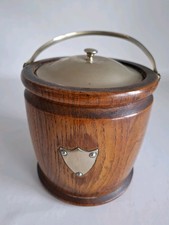 Vintage Oak Ice Bucket/Biscuit Barrel Ceramic Liner Metal Lid EPNS Handle