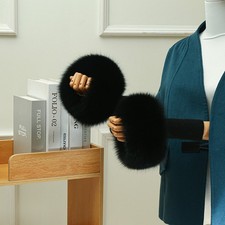 A pair of Women's Genuine Fox Fur Cuff Sleeves Black White Gray