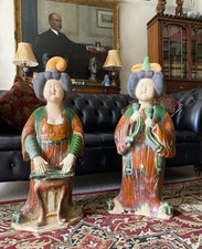 c. 1930 Pair of Very Large Chinese Sancai Glazed Pottery Lady Musician Statues