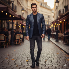 MEN'S SOFT REAL LAMBSKIN LEATHER BLAZER COAT TWO BUTTON STYLE BIKER MOTORCYCLE