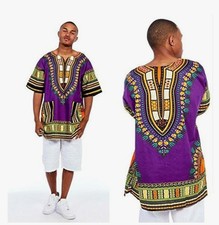 Unisex Dashiki African Tribal Print Caftan Shirt Purple- Large