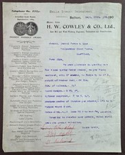 1908 H. W. Cowley & Co Ltd Saw Mill Engineers Bolton Letter to Sheffield