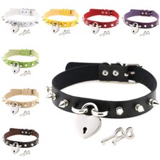 Womens Choker Collar Necklace Leather Spikes Heart Lock Key Studs Gothic Punk UK