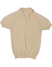 VINTAGE Womens Short Sleeve Polo Neck Jumper Sweater UK 12 Medium Beige BX05