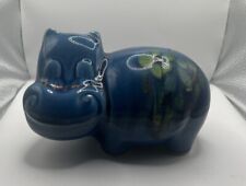 Large Floral Blue Ceramic Hippo Money Box Statue Figure H13 x L18cm