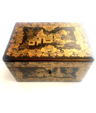 Antique 1800s Chinese Gilt Chinoiserie Tea Caddy & Pewter Container
