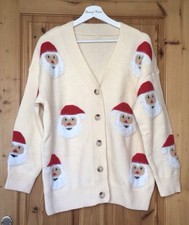 Women’s Cream Knitted Christmas Cardigan Fluffy Santa Faces One Size 12 14 16