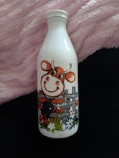 1950s Egizia Italy White Milk Glass Bottle W/Lid Cute Farm Cow Vintage Retro 