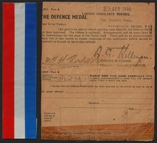 WW2 LONDON AMBULANCE SERVICE Defence Medal claim confirmation card
