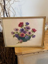 Pretty 1960’s Floral Embroidery Picture Handmade Flowers in Vase