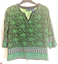 ARTSCAPES LADIES COTTON BLOUSE TOP.  3/4 SLEEVE. BLACK GREEN. CHEST 44" SIZE L.
