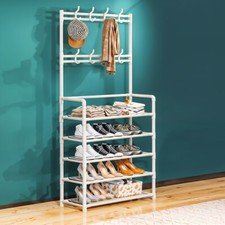 80CM Wide Coat & Hat Stand 8 Hooks Metal Storage Shoe Rack 5 Tiers Shelf Hanger