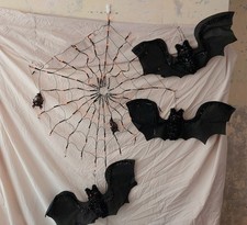 Halloween Bundle Light Up Spider Web/6 Large Tinsel Hanging Bats/ 4 Rubber Bats 