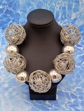 Modern Chunky Silver Tone Wire Caged Ball Mesh Chain Necklace