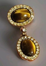 Rare Signed Brooch By Bijoux Cascio. Beautiful Tigers Eye Gold Plated & Diamante