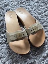 New Dr.Scholl Pescura Wooden Slides Flat Beige Upper Leather Strap UK 9 EU 43