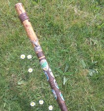 Vintage Ash Wooden Staff Walking Stick With Badges