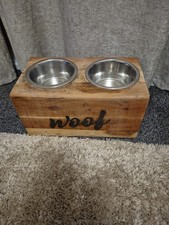 RAISED WOOD DOG BOWLS HOLDER WOOF 15 Inch X 7.5 Inch Exc Condition 