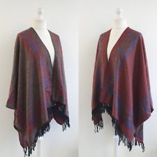 Reversible Poncho Shawl Cape Wrap Scarf Fringed One Size Boho Aztec Festival