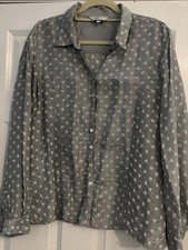 Women’s East 100% Silk Blouse Grey With White Pattern Size 16