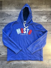 MUSTO Men's XL Blue Hoodie Pullover Sweater Spellout Embroidered Logo Sailing Y2