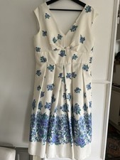 Dickins & Jones White And Blue Floral Patterned Tea A-line Dress, V-neck, UK16
