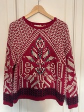 Per Una M&S Fair Isle Wool Jumper Size UK 14 Red Nordic Chunky Knit Boxy