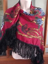 Vtg 80s Fringed Piano Shawl Scarf Wrap Boho Cottage Core Equine