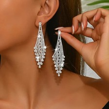 Silver Crystal Tassel Rhinestone Diamante Bridal Wedding Dangle Earrings UK