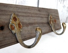 Pair Vintage Antique Brass Hanging Hooks Coat Hat Rack Wooden Wood Mount