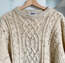 Vtg Oatmeal Flecked Pure Wool Cable Knit Aran Jumper L Pit to Pit 22" Winter