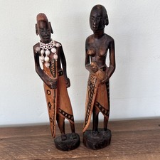 Masai Tribal Warrior and Woman African Wooden Statue Figurines R 