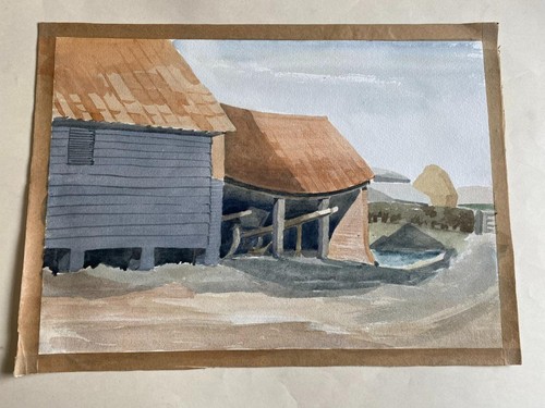 Watercolour farmyard sheds - farmyard,