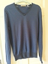 Uniqlo Mens, Small, 36 in, Navy,Royal Blue Striped Extra Fine Merino Wool Jumper