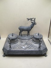 Antique Silver Plated Figural Ink Stand With Stag Ink Wells & Pen Rest J Deakin